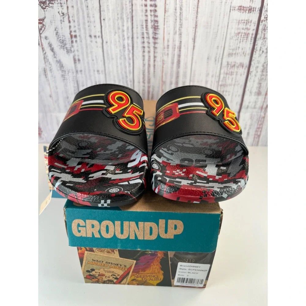 Disney Cars Lightning McQueen Slides Sandals Boys Size 3 Black Red Ground Up